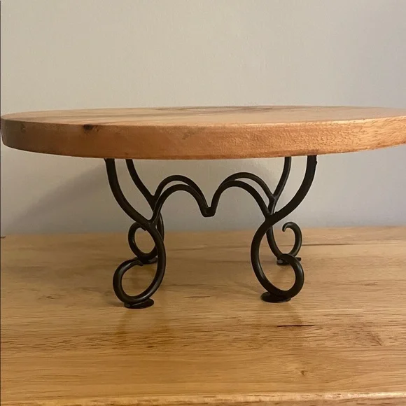 Round Wood Pedestal Board 5” Tray With Metal Legs Used